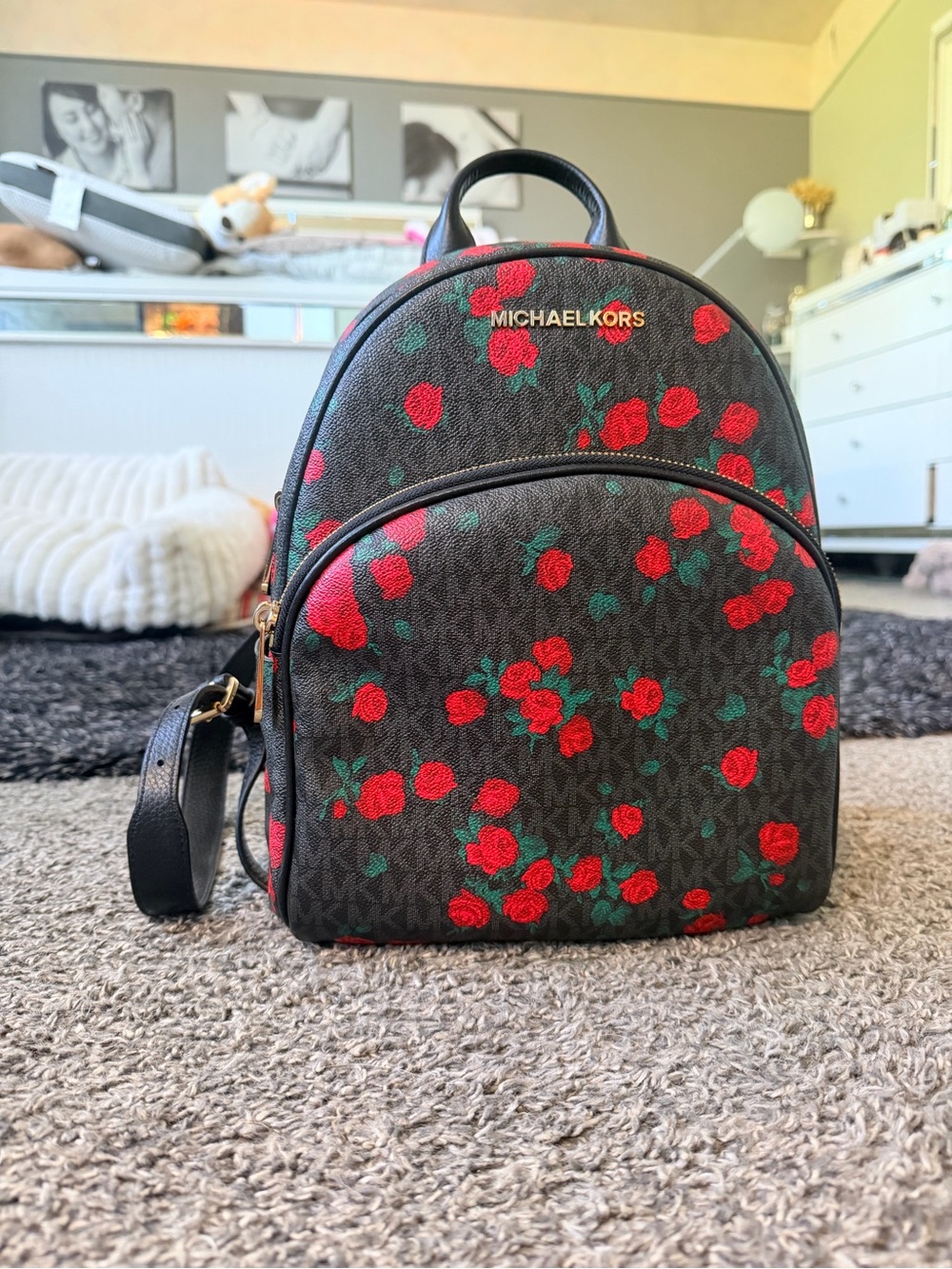 Michael Kors Black Floral Mini Backpack with Red Roses